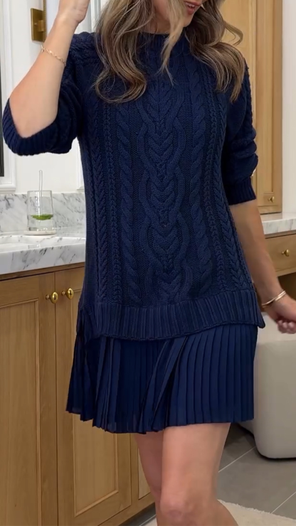 Women Round Neck Sweater Spliced ​​casual Dress