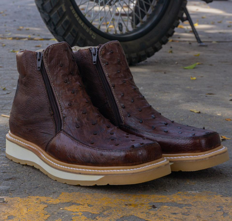 Men Ostrich Print Leather Handcrafted Western Wide Square Toe Brown Cowboy Boots