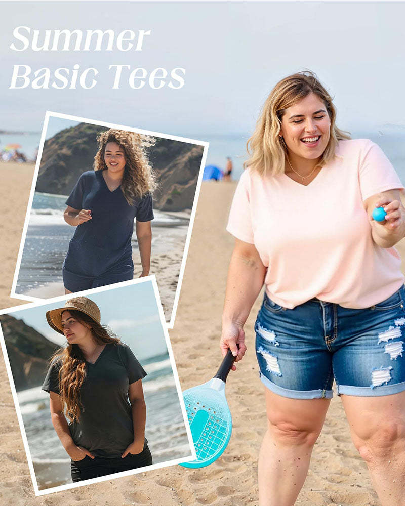 Women's Plus Size Basic Short Sleeve V-Neck T-Shirts