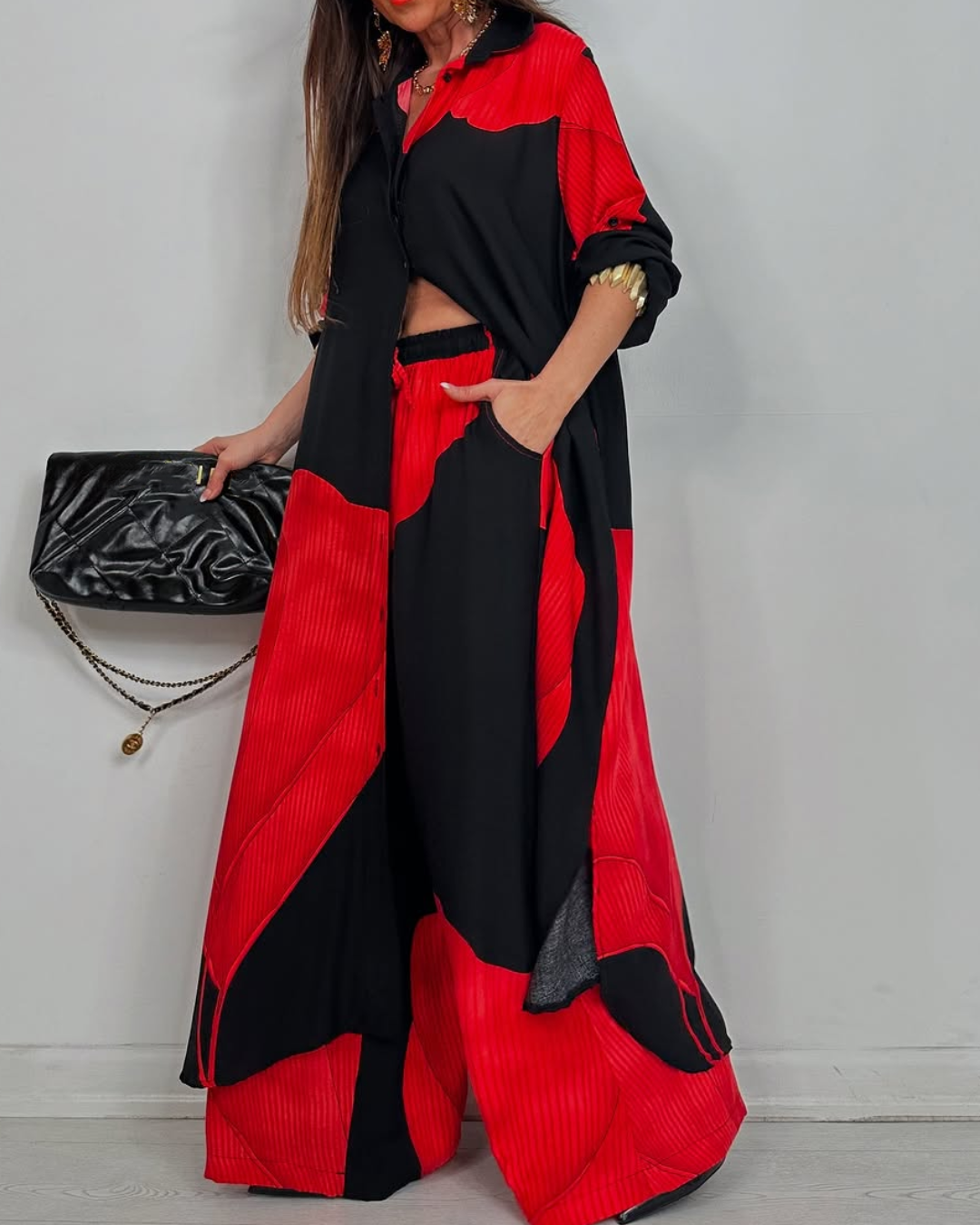 Women's V-neck Patchwork Printed Top and Pants Commuting Casual Suit