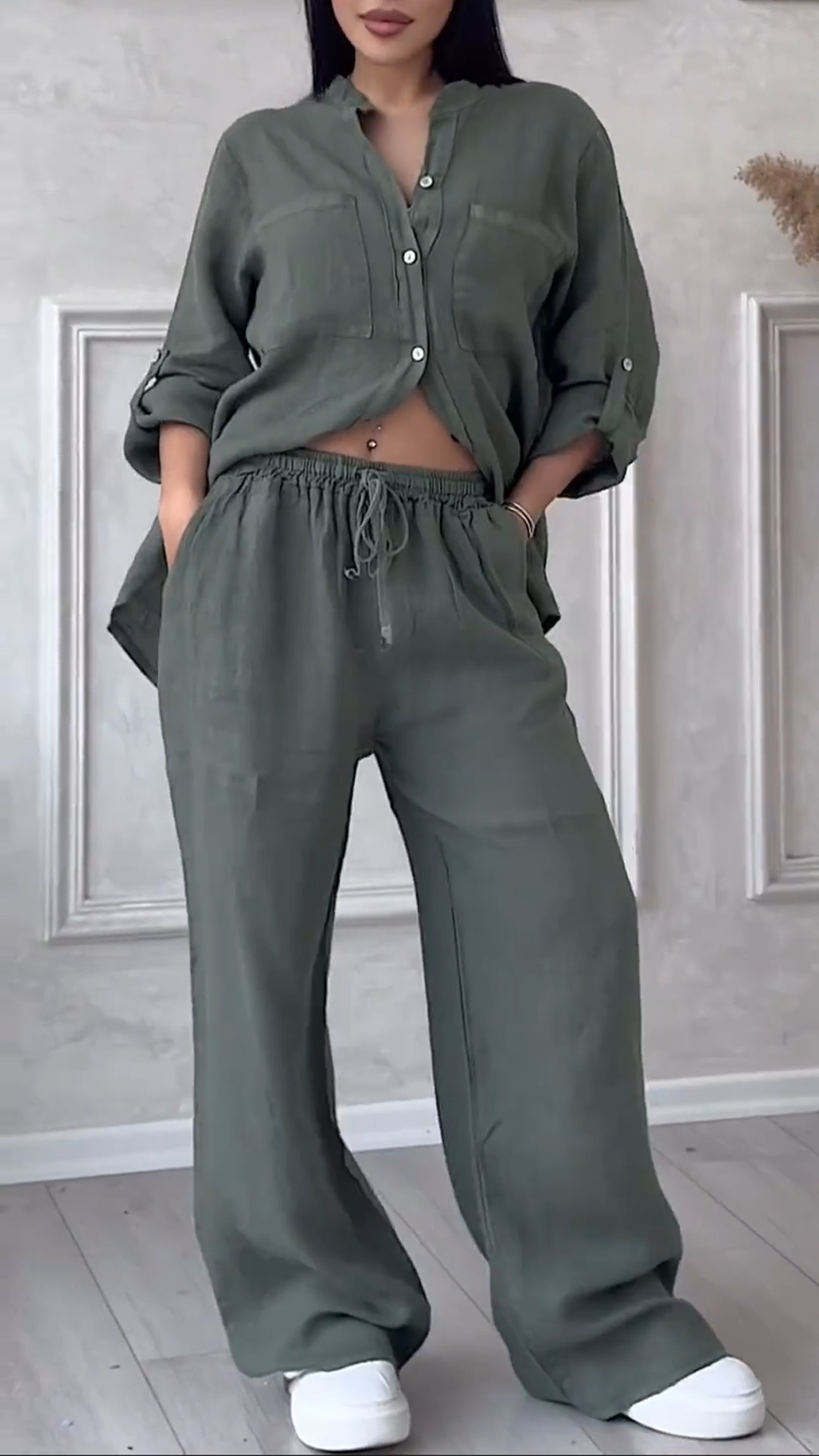 Women's V-Neck Cotton Linen Set | Breathable Casual Two-Piece