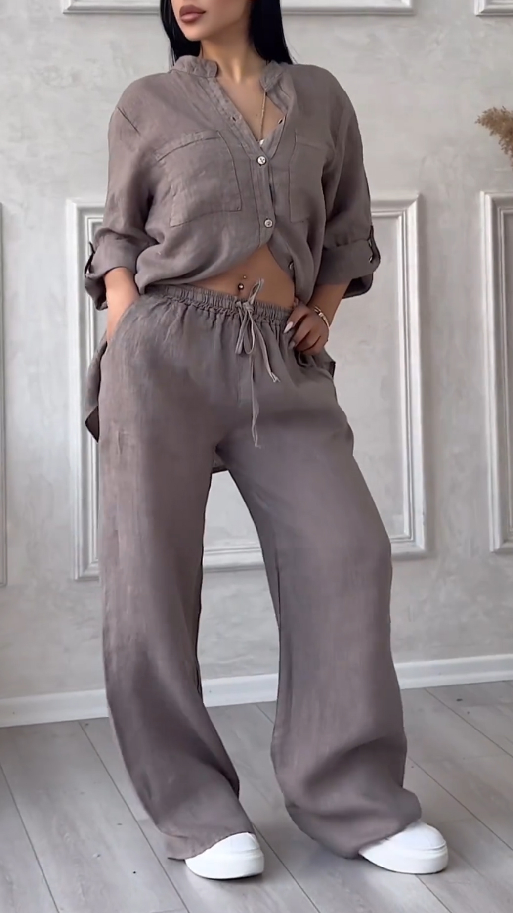 Women's V-Neck Cotton Linen Set | Breathable Casual Two-Piece