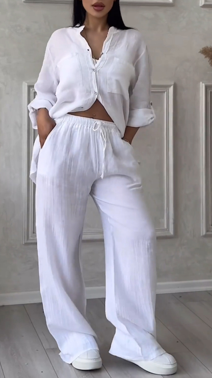 Women's V-Neck Cotton Linen Set | Breathable Casual Two-Piece