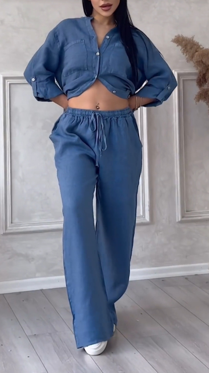 Women's V-Neck Cotton Linen Set | Breathable Casual Two-Piece