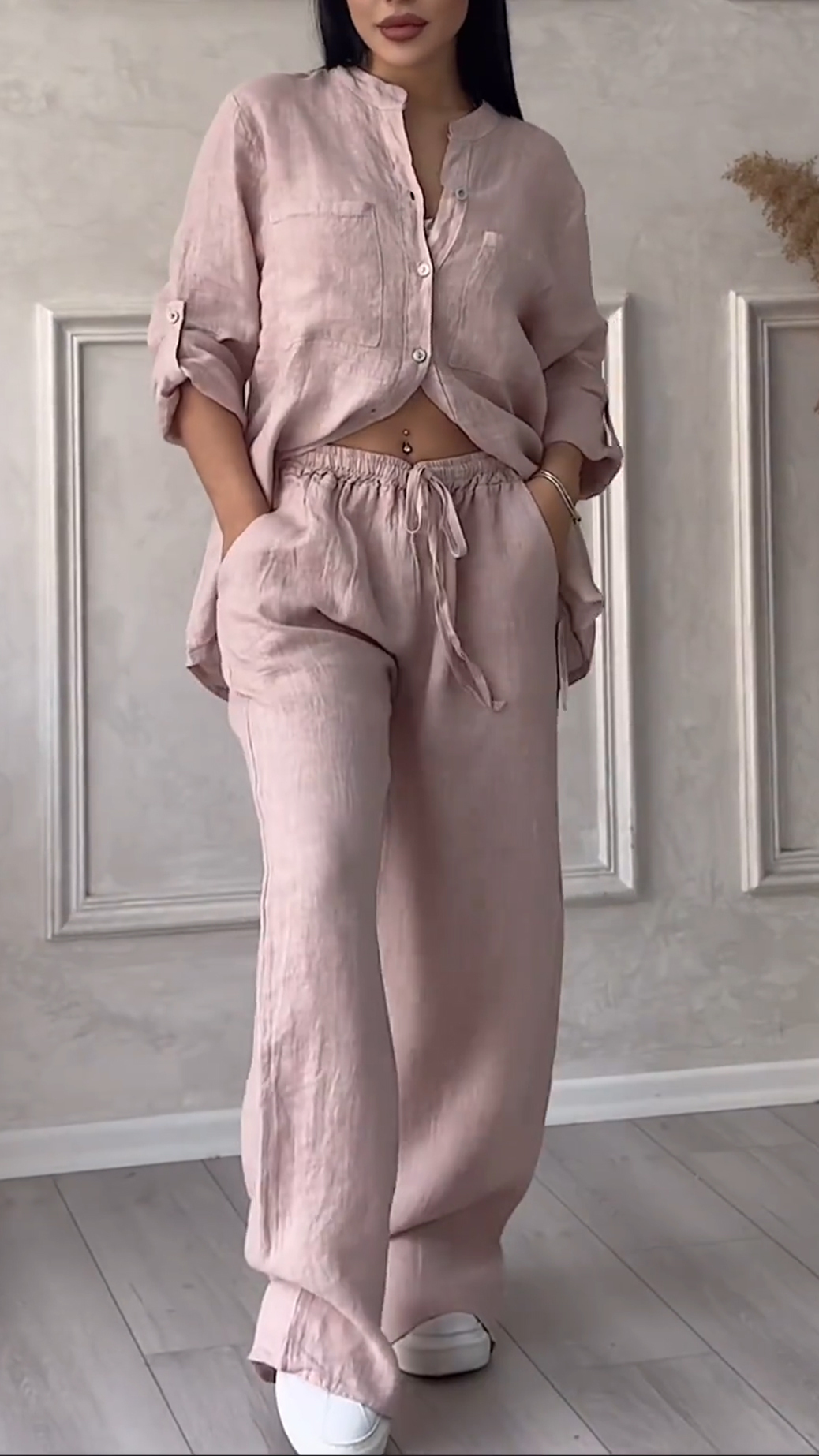 Women's V-Neck Cotton Linen Set | Breathable Casual Two-Piece