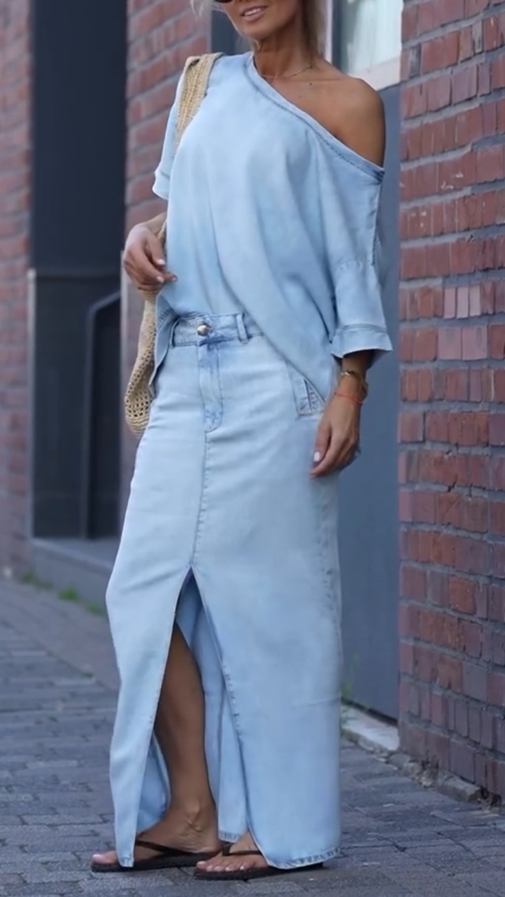 Women's Tencel Denim Set | Round Neck Casual Two-Piece