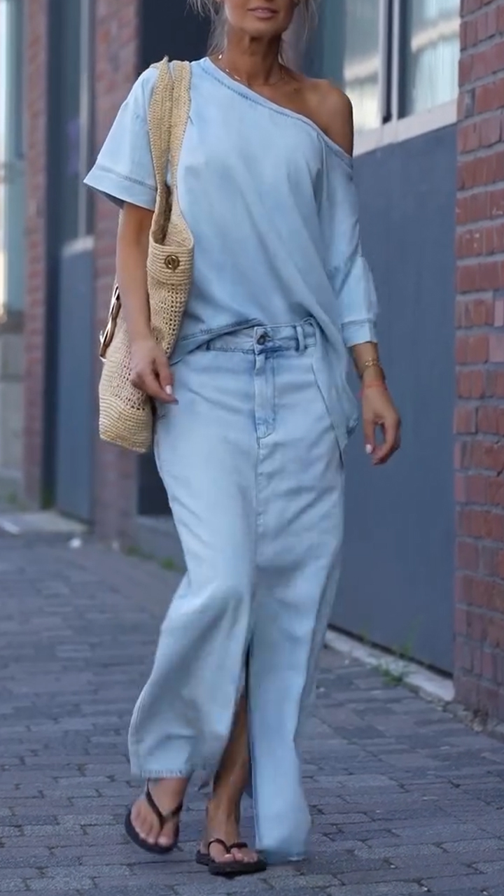 Women's Tencel Denim Set | Round Neck Casual Two-Piece