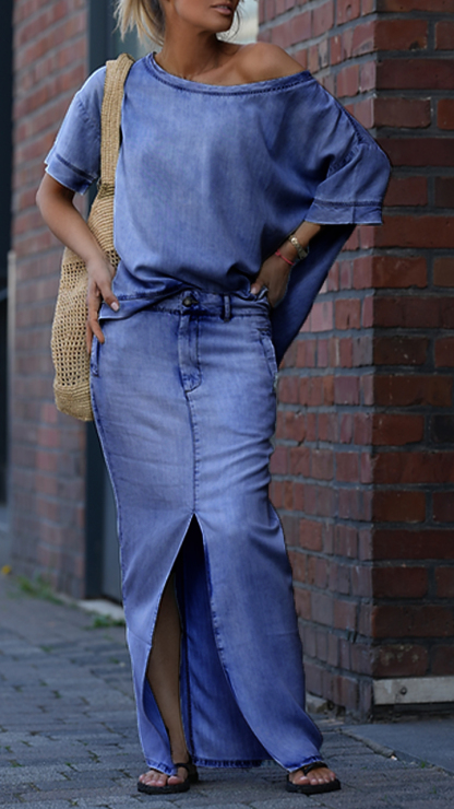 Women's Tencel Denim Set | Round Neck Casual Two-Piece