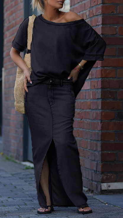 Women's Tencel Denim Set | Round Neck Casual Two-Piece