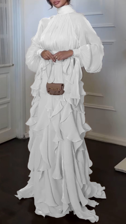 Women's Stand-up Collar Multi-layered Ruffled Flowing Dress