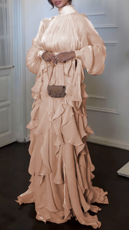 Women's Stand-up Collar Multi-layered Ruffled Flowing Dress