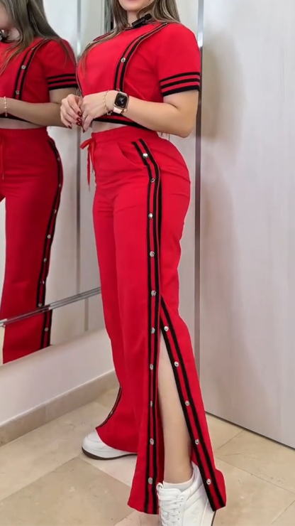 Ladies' Round Neck Patchwork Striped Top+buckle Side Slit Casual Set