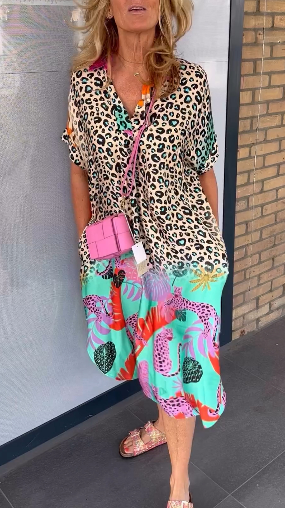 Ladies' Lapel Print Slit Loose Casual Dress