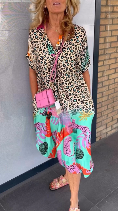 Ladies' Lapel Print Slit Loose Casual Dress