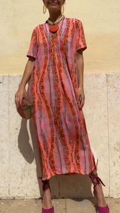 Ladies' V-neck Vertical Print Slit Casual Dress