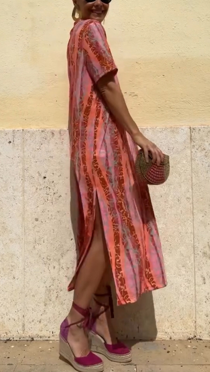 Ladies' V-neck Vertical Print Slit Casual Dress