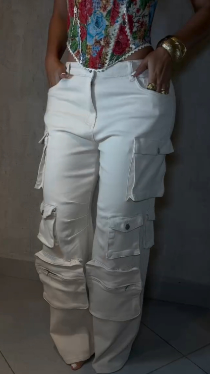 Ladies Square Collar Printed Back Strap Top+ Multi Pocket Patchwork Pants Casual Set