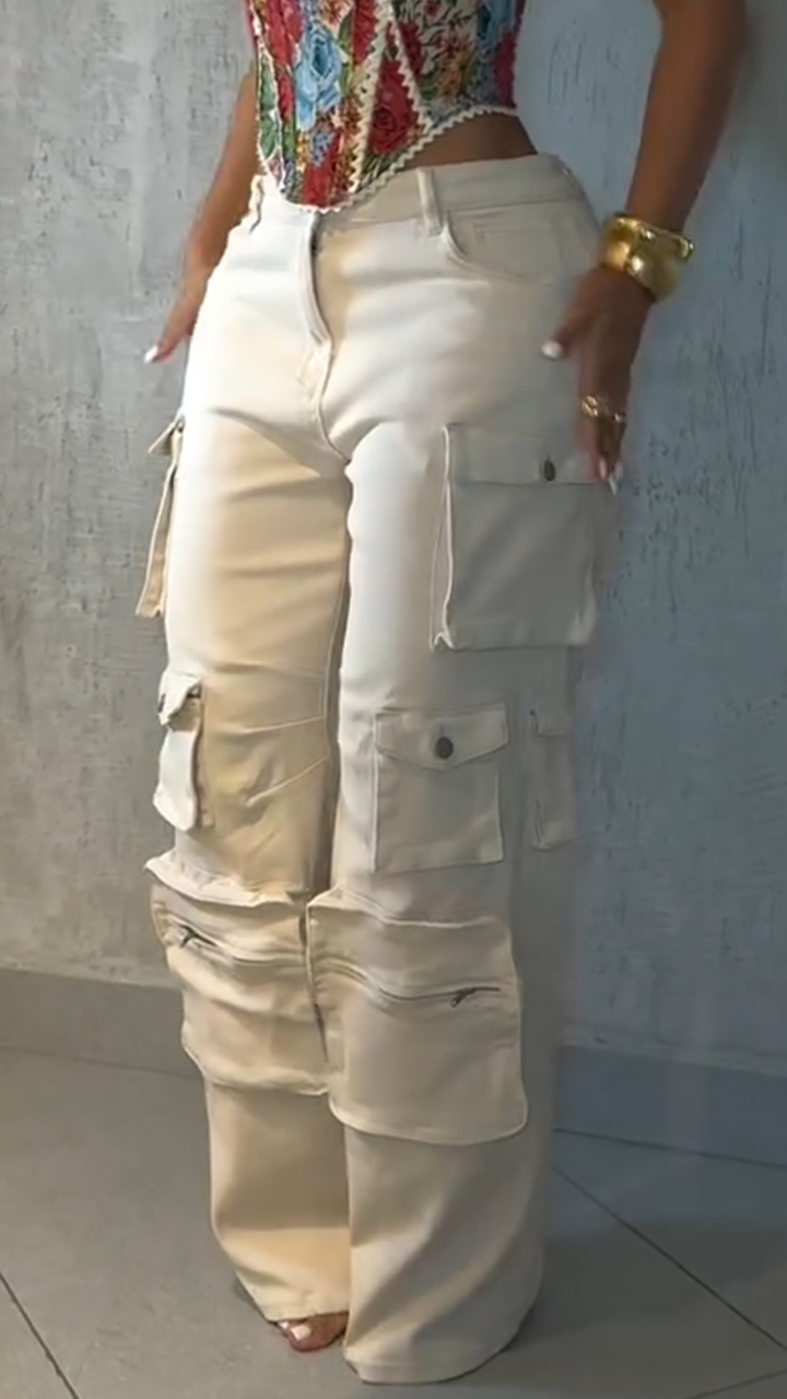 Ladies Square Collar Printed Back Strap Top+ Multi Pocket Patchwork Pants Casual Set