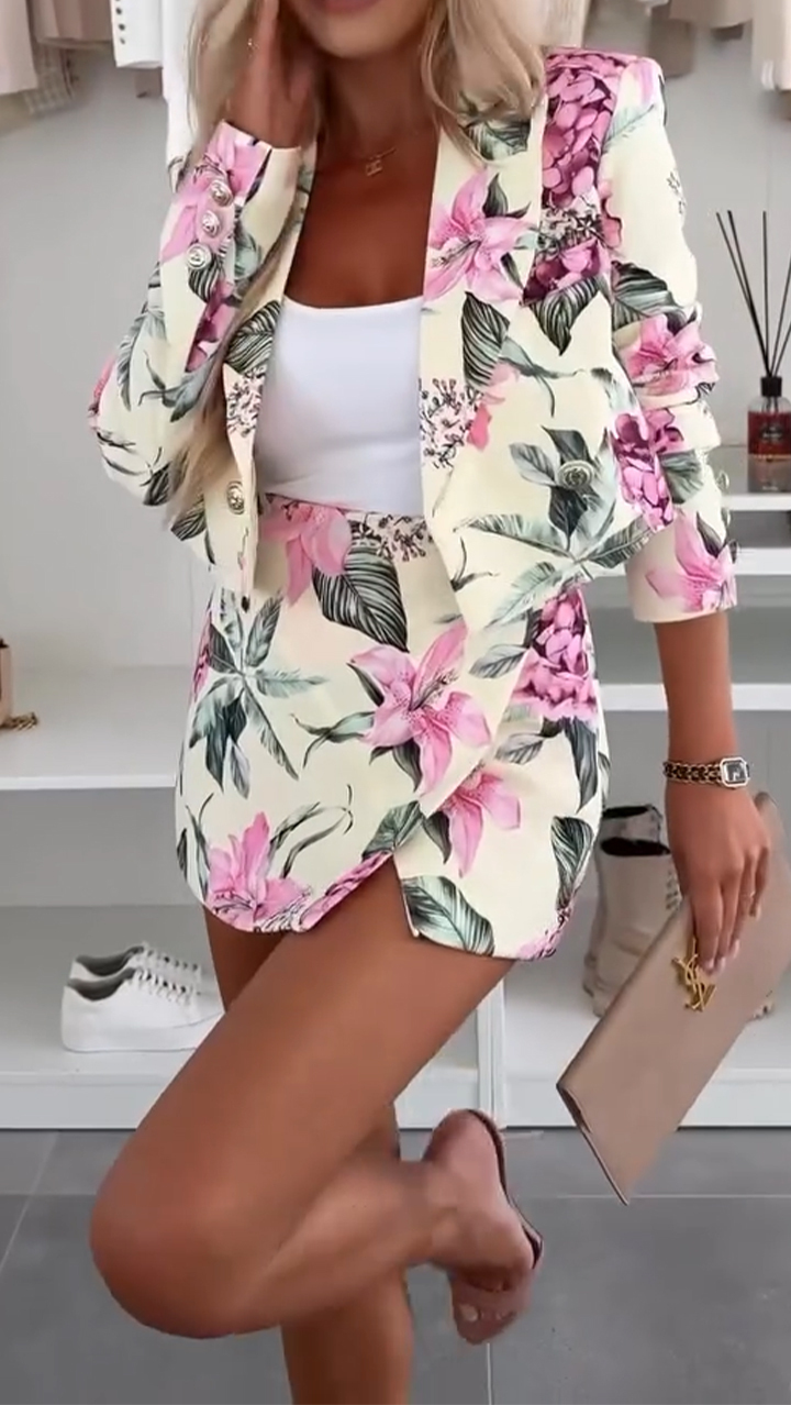 Ladies Collar Printed Jacket+ Midi Skirt Commuting Temperament Set