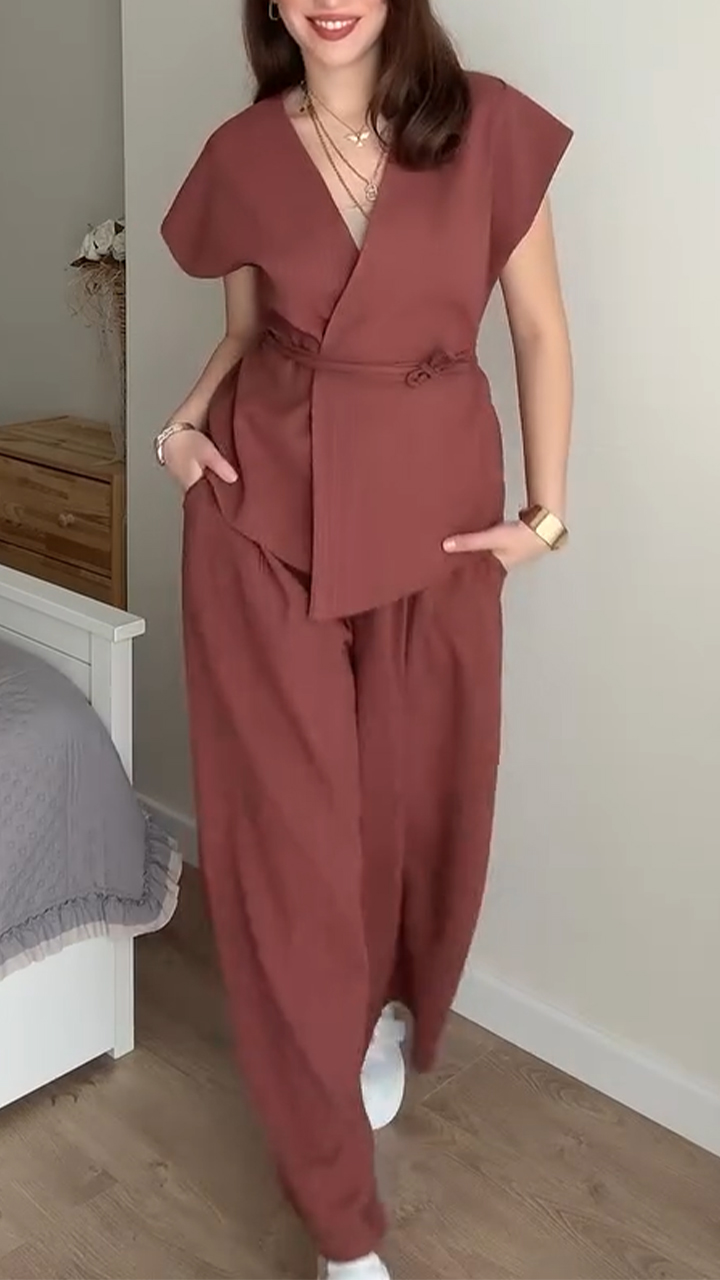 Ladies V-neck Solid Color Casual Suit