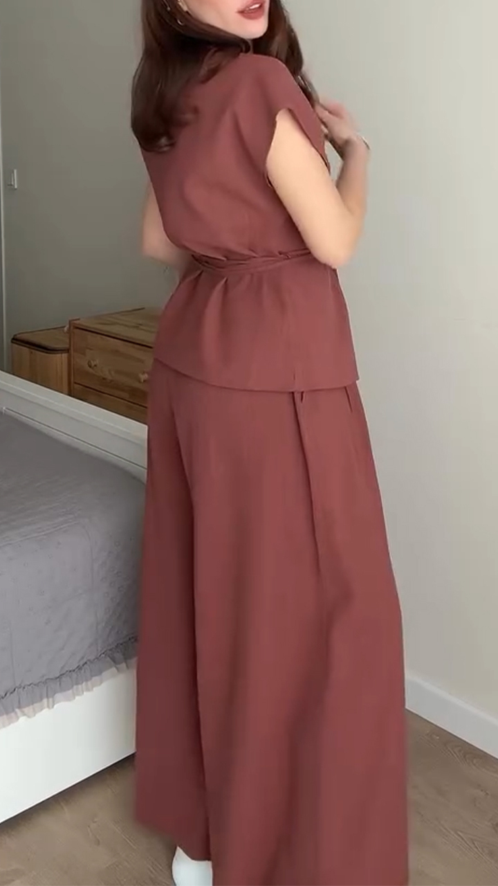 Ladies V-neck Solid Color Casual Suit