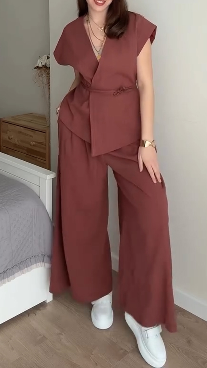 Ladies V-neck Solid Color Casual Suit