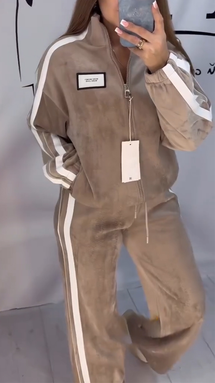 Women's Stand Collar Stripe Set | Zipper Jacket & Pants Casual Outfit