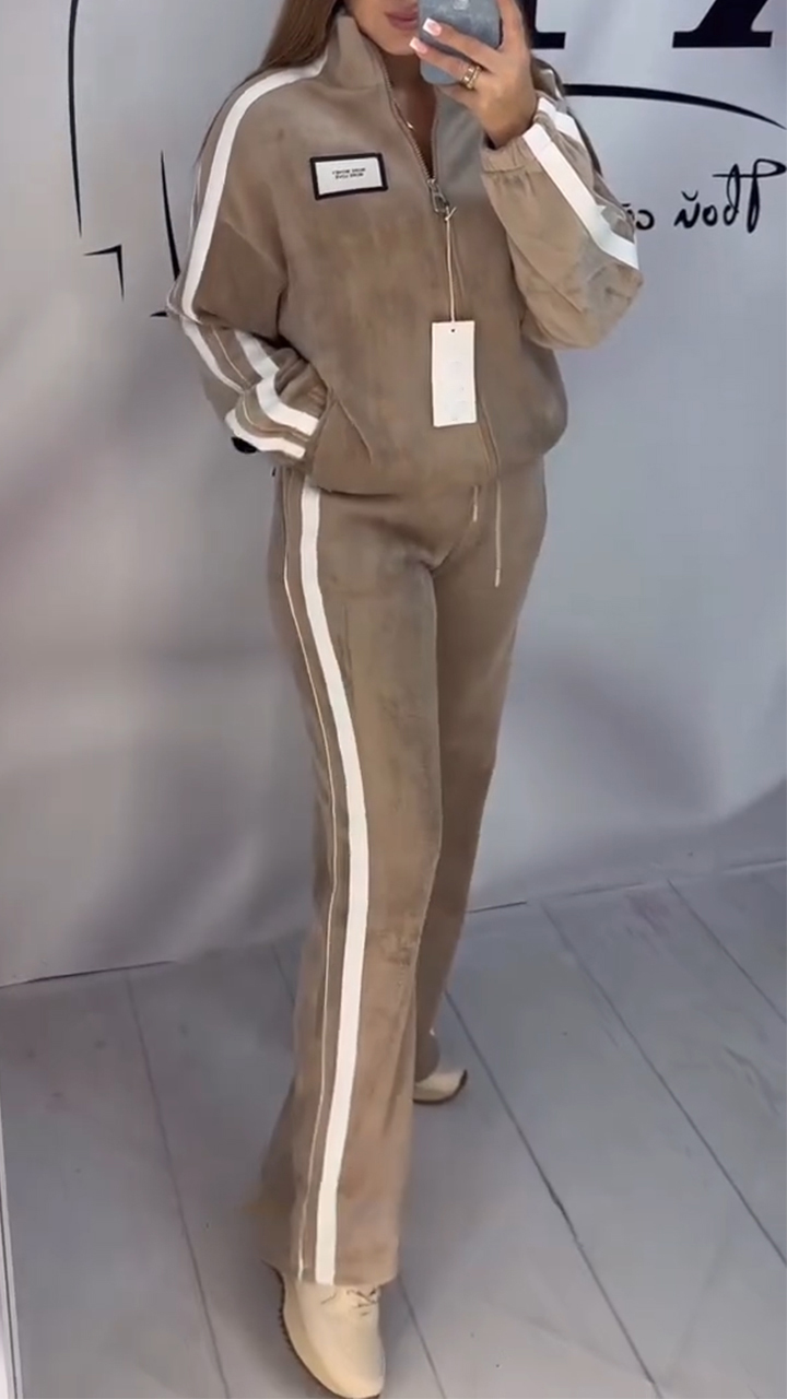 Women's Stand Collar Stripe Set | Zipper Jacket & Pants Casual Outfit