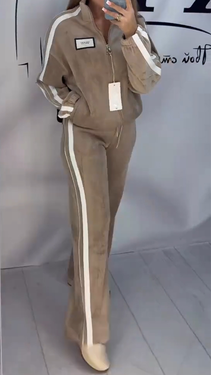Women's Stand Collar Stripe Set | Zipper Jacket & Pants Casual Outfit