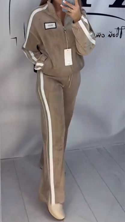Women's Stand Collar Stripe Set | Zipper Jacket & Pants Casual Outfit