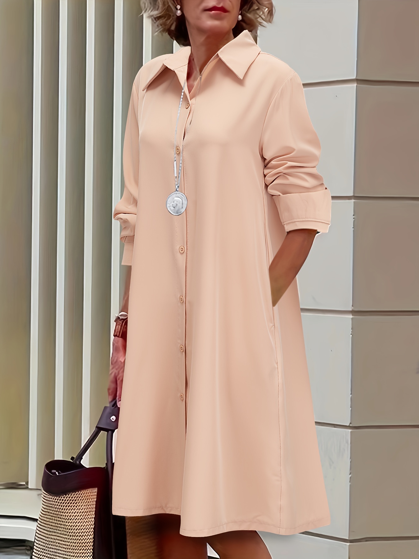 Plus Size Casual Dress, Women's Plus Solid Button Up Long Sleeve Turn Down Collar Shirt Dress  🔥Buy 2 get 10% OFF