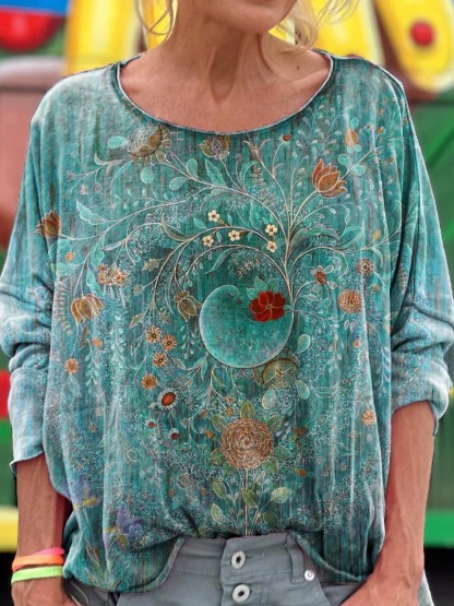 Women's Vintage Floral Art Print V-neck Casual T-Shirt-1