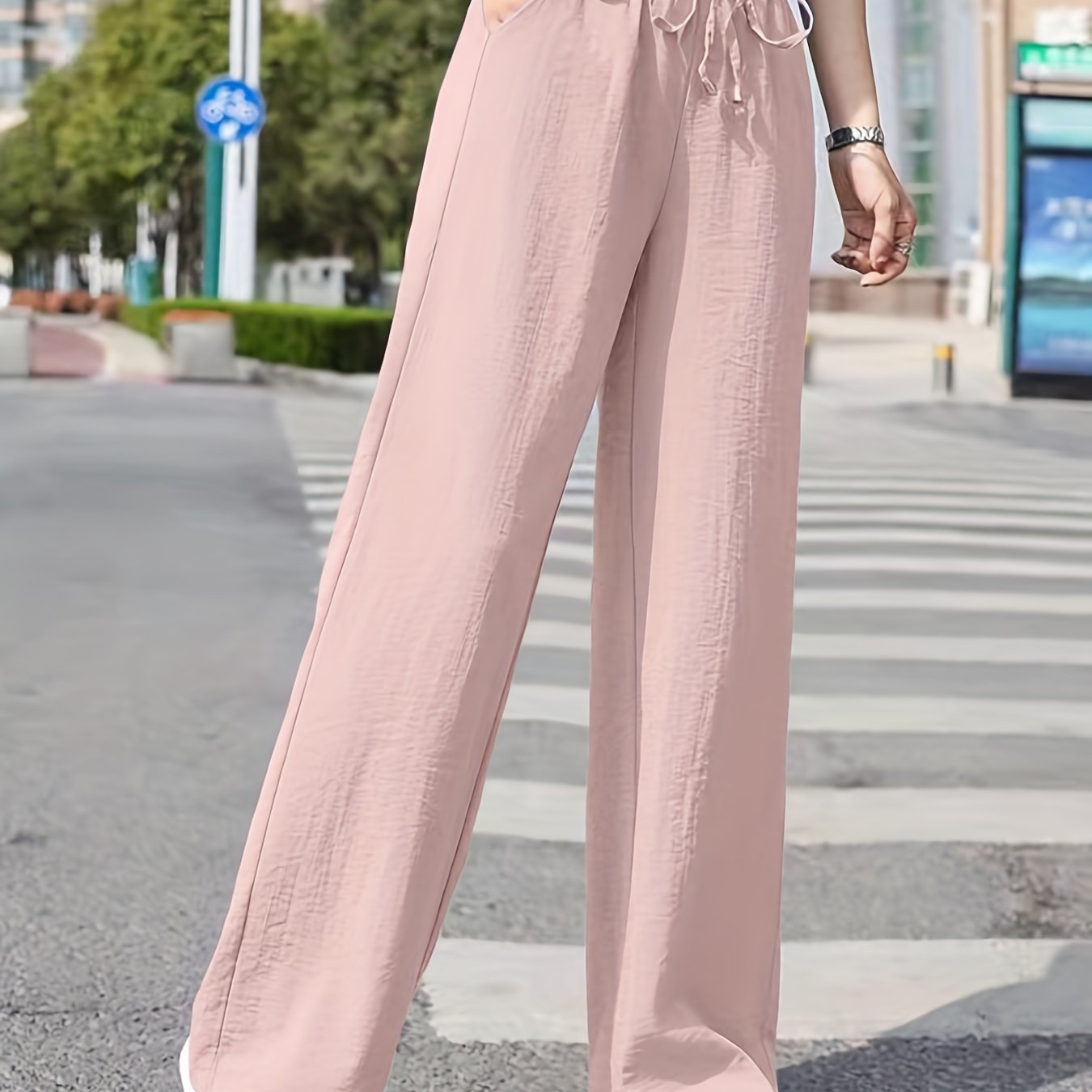 Minimalist Solid Drawstring Pants, Casual Long Length Elastic Waist Wide Leg Pants, Women's Clothing