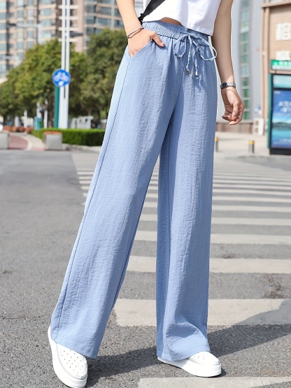 Minimalist Solid Drawstring Pants, Casual Long Length Elastic Waist Wide Leg Pants, Women's Clothing