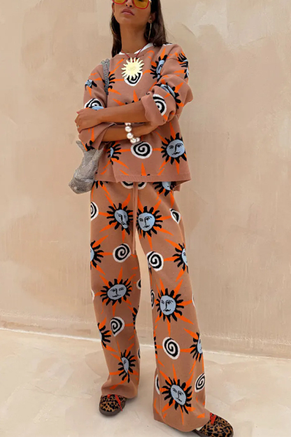 Mediterranean Art Knit Unique Sun Vortex Print Elastic Waist Wide Leg Pants