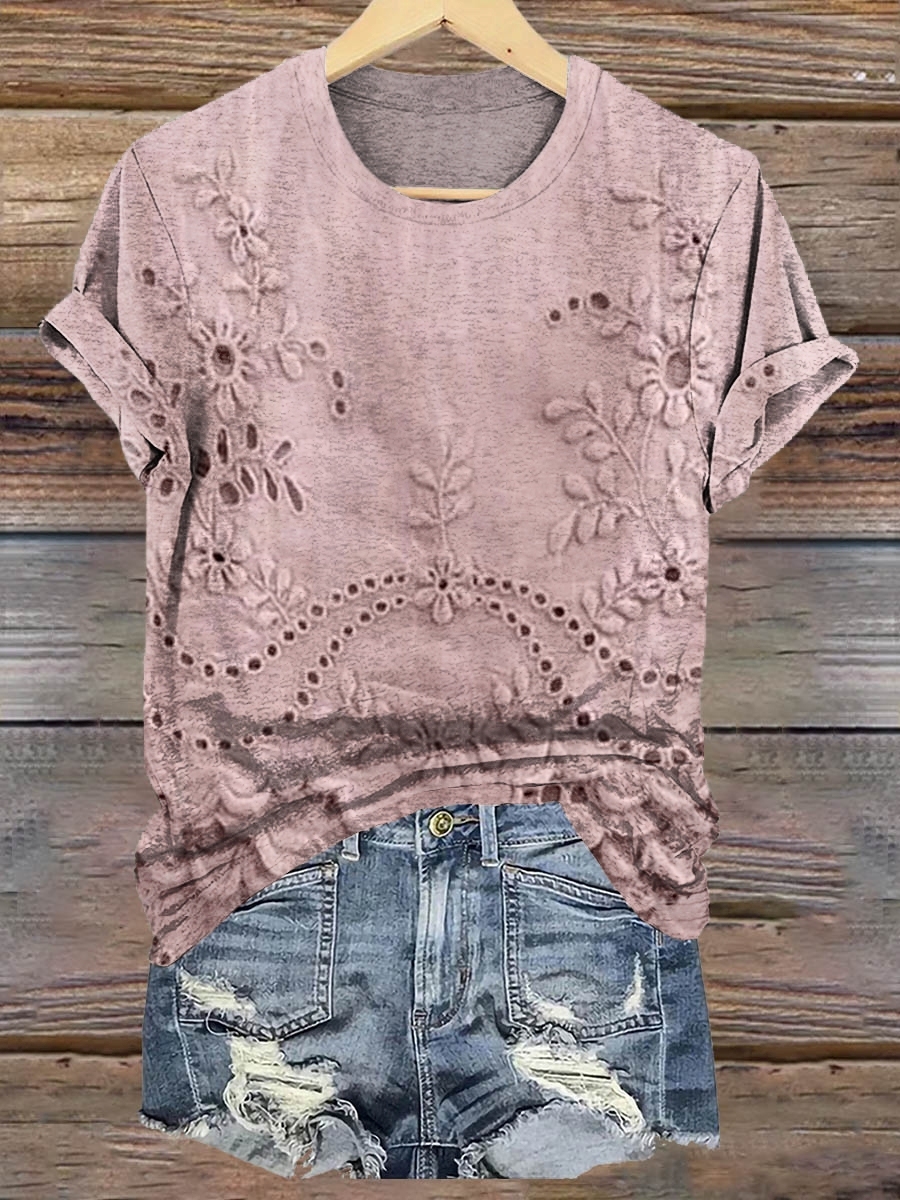 Women's Vintage Floral Texture Patterns Print V-neck Casual T-Shirt