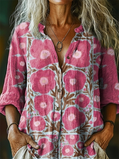Women's Floral Pattern Art Print Casual Cotton Linen Shirt