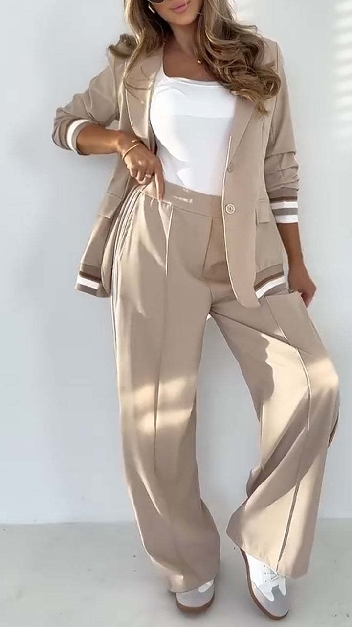 Women's Lapel Collar Striped Set | Solid Color Casual Two-Piece