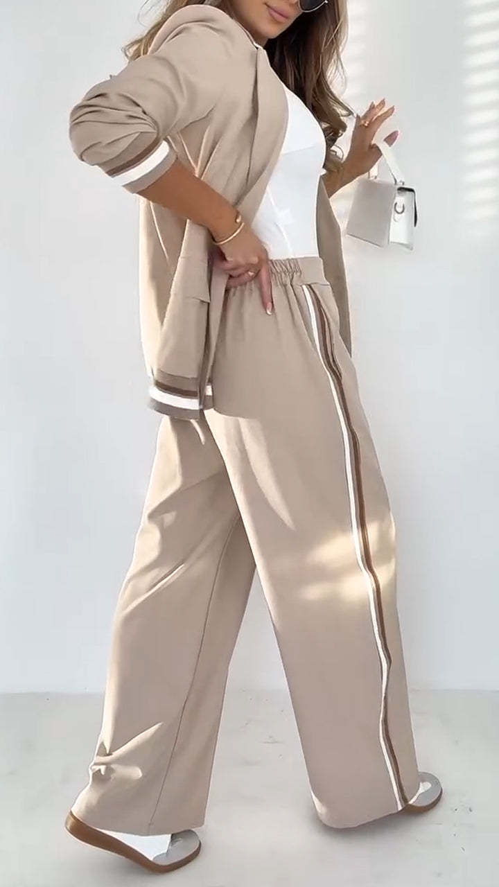 Women's Lapel Collar Striped Set | Solid Color Casual Two-Piece