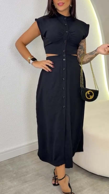 Women's Sleeveless Button-Down Dress | Casual Waist-Baring Midi Dress