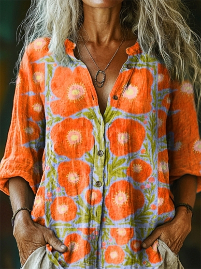 Women's Floral Pattern Art Print Casual Cotton Linen Shirt