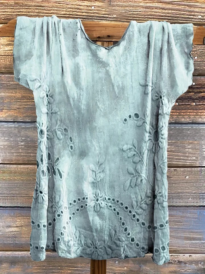 Women's Vintage Floral Texture Patterns Print V-neck Casual T-Shirt