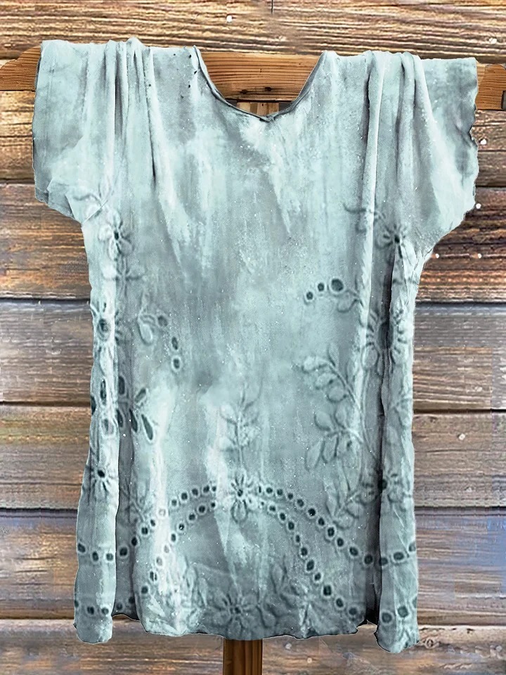 Women's Vintage Floral Texture Patterns Print V-neck Casual T-Shirt