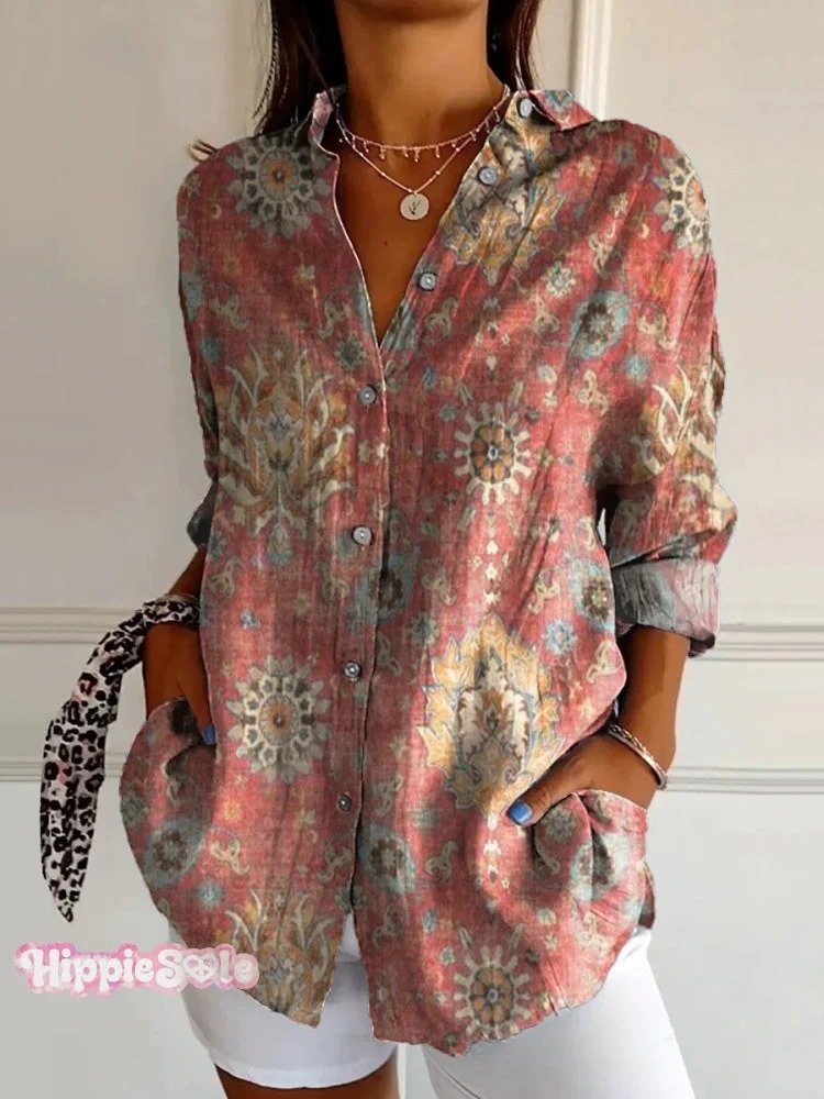 Women's Vintage Floral Bird Art Print Casual Cotton Shirt