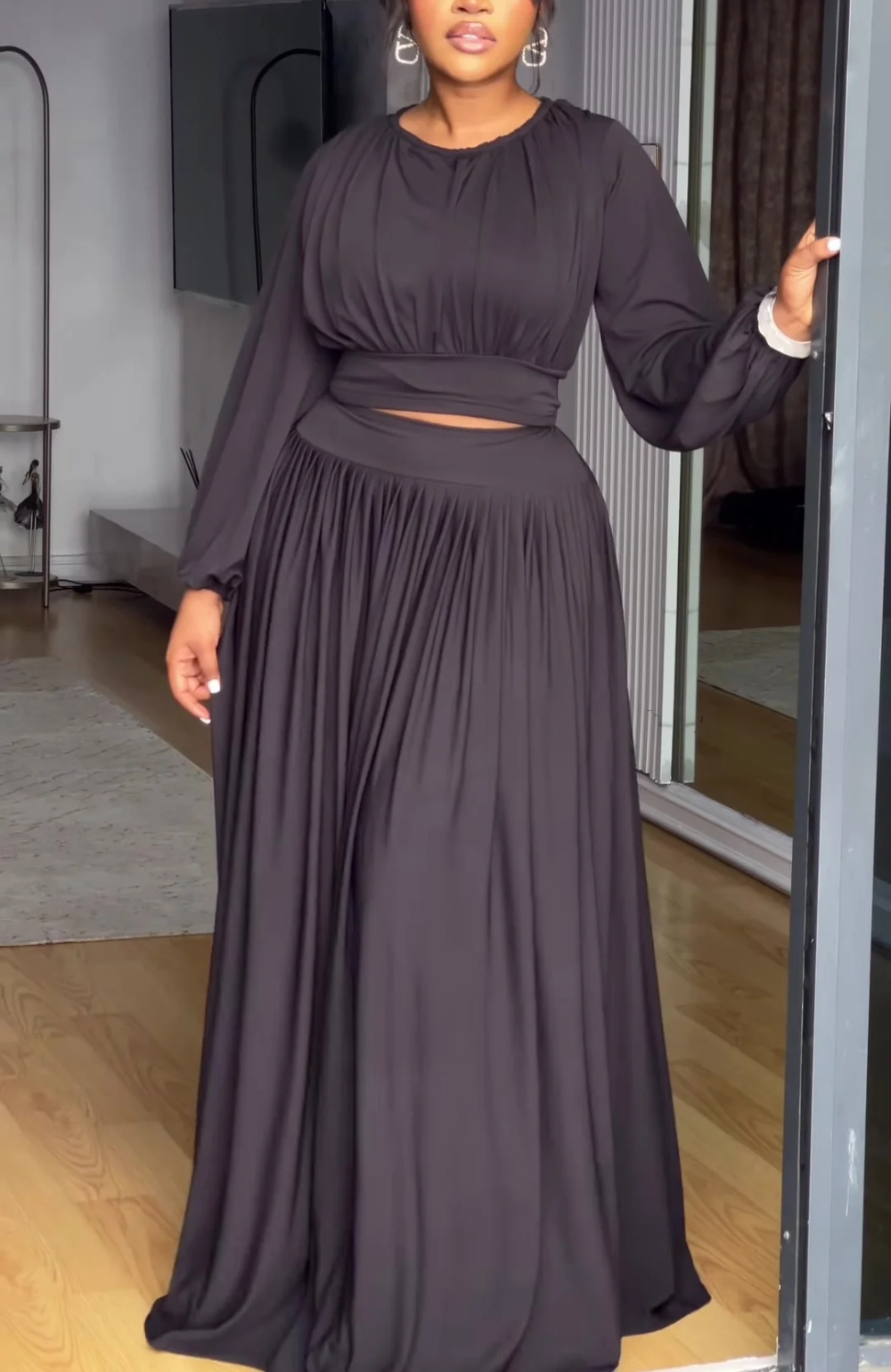 Women's Long Sleeve Knit Top & Flowy Flared Skirt Matching Set | Chic Two-Piece Outfit