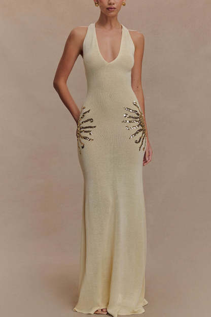 Sparkling Nights Knit Sunburst Sequin Detail Back Cross Straps Stretch Maxi Dress