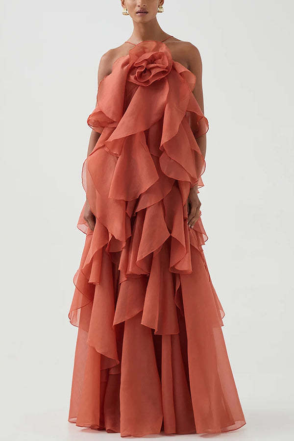 Free - Flowing Rose Detail Tiered Ruffles Halter A-line Maxi Dress