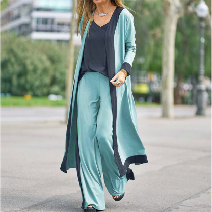 Color Block Casual Three-piece Set, Open Front Long Sleeve Cardigan & V Neck Tops & Wide Leg Pants Outfits, Women's Clothing