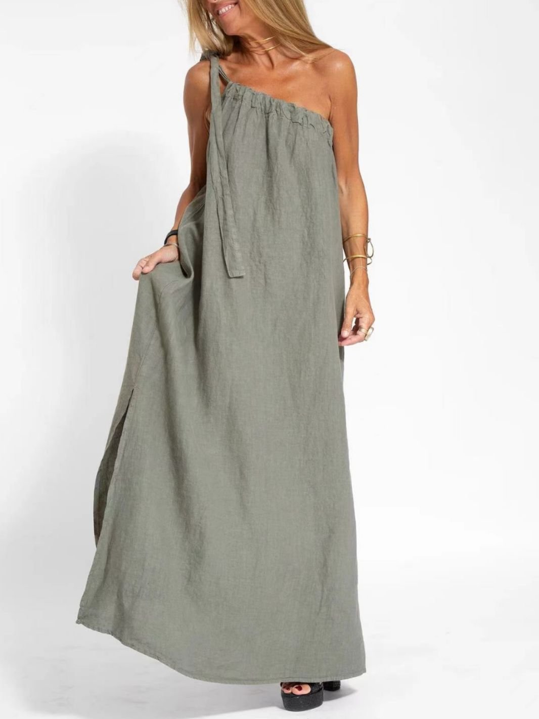 Stylish slant shoulder asymmetrical slit dress