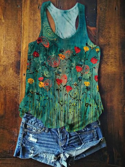 Women's Floral Art Print V-Neck Casual T-Shirt